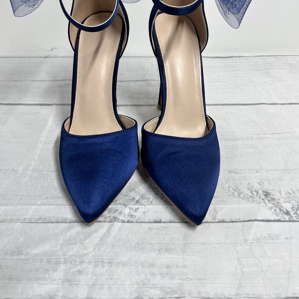 Navy Blue Satin Ultra High Heels Shoes size 9 Mesh Bow Prom Wedding Cocktail - Picture 3 of 12